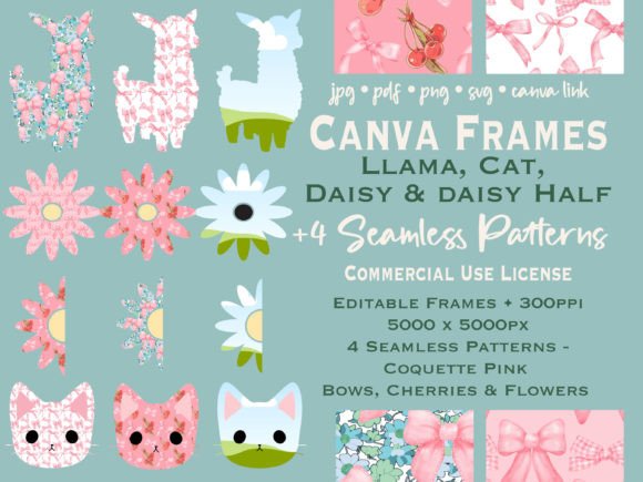 Download Llama Daisy Cat Canva Frame, Bow Pattern - Canva Collection